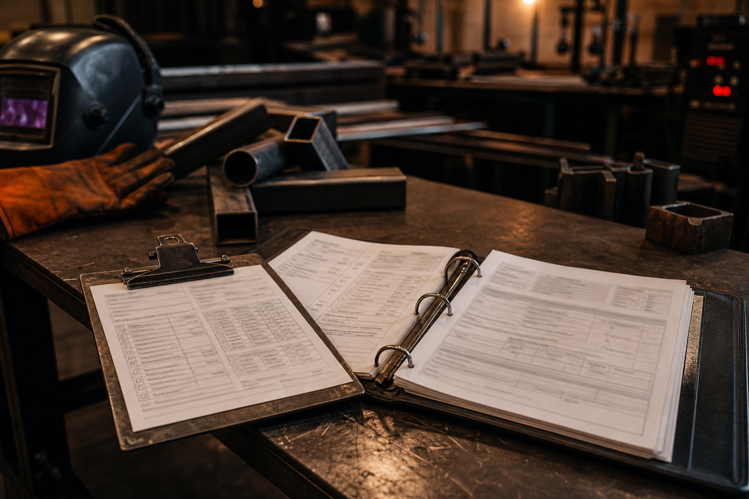 Quality control documentation and welder qualification records in a steel fabrication shop.