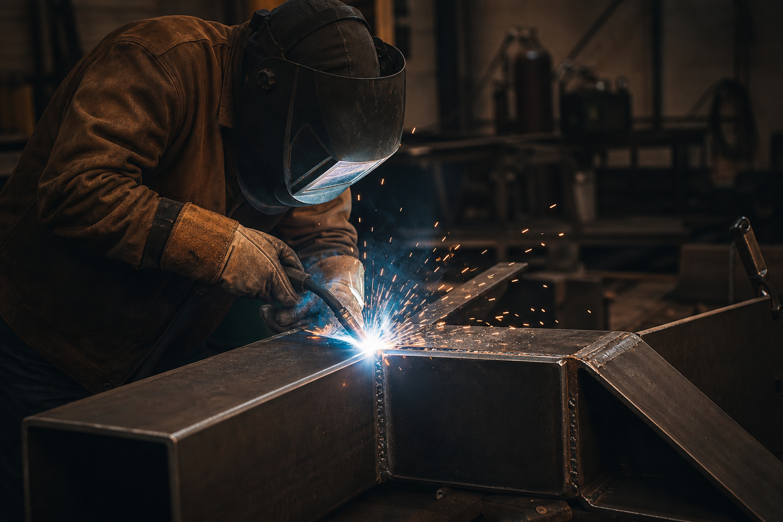 Certified welder performing structural steel welding to AWS D1.1 in a fabrication shop.